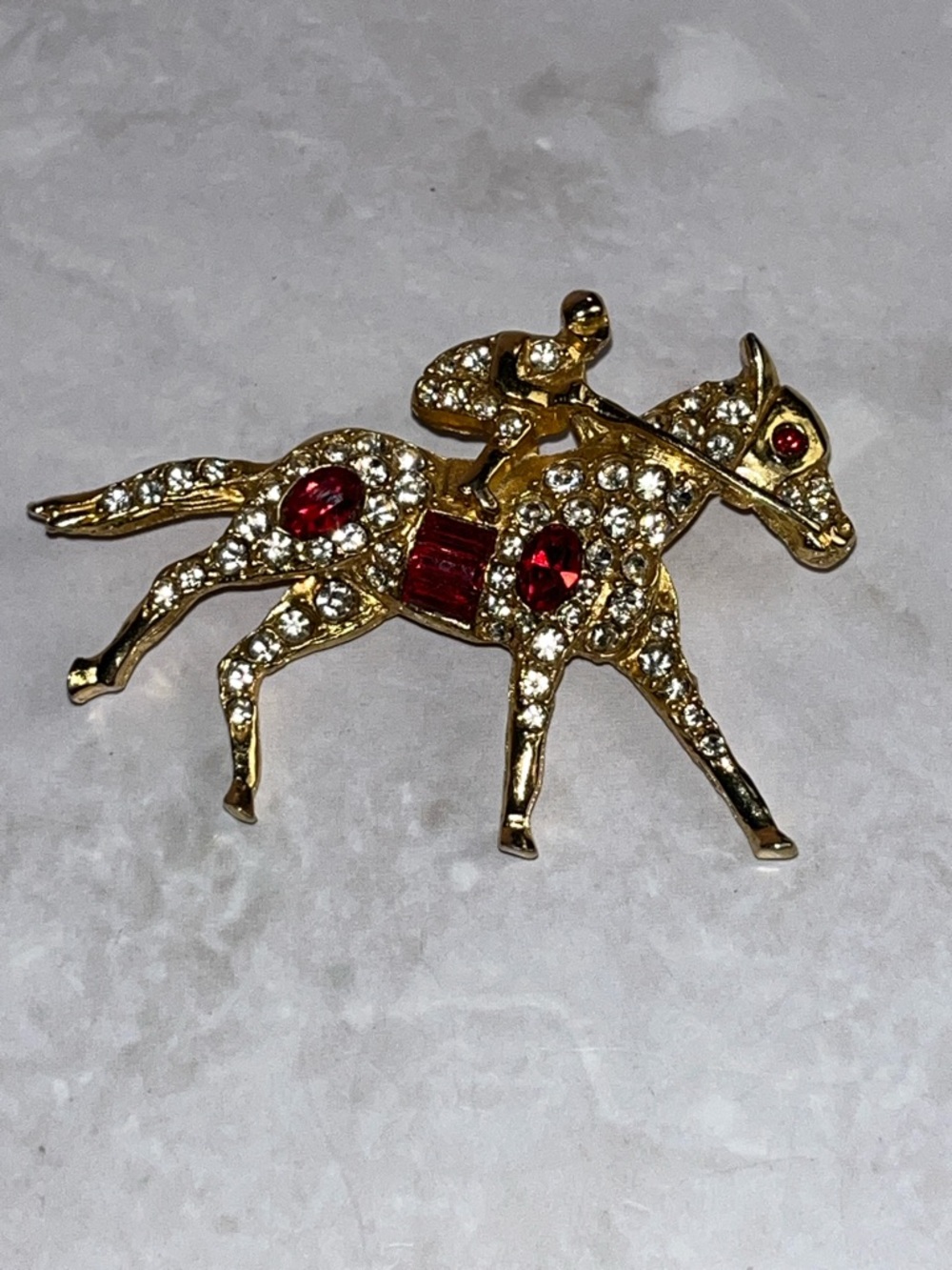 Gold-tone Horse & Jockey with Red Crystals & Rhinestones Brooch - Picture 9 of 13